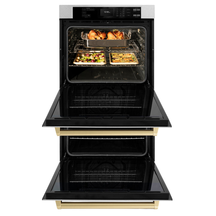 ZLINE 30" Autograph Professional True Convection Double Wall Oven with Air Fry and Self Clean in Satin Stainless Steel with Champagne Bronze Handles, WADSZ-30-CB
