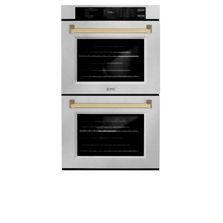 ZLINE 30" Autograph Professional True Convection Double Wall Oven with Air Fry and Self Clean in Satin Stainless Steel with Champagne Bronze Handles, WADSZ-30-CB