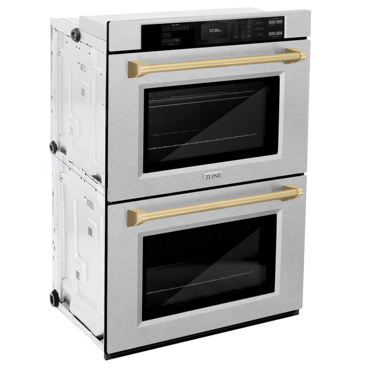 ZLINE 30" Autograph Professional True Convection Double Wall Oven with Air Fry and Self Clean in Satin Stainless Steel with Champagne Bronze Handles, WADSZ-30-CB