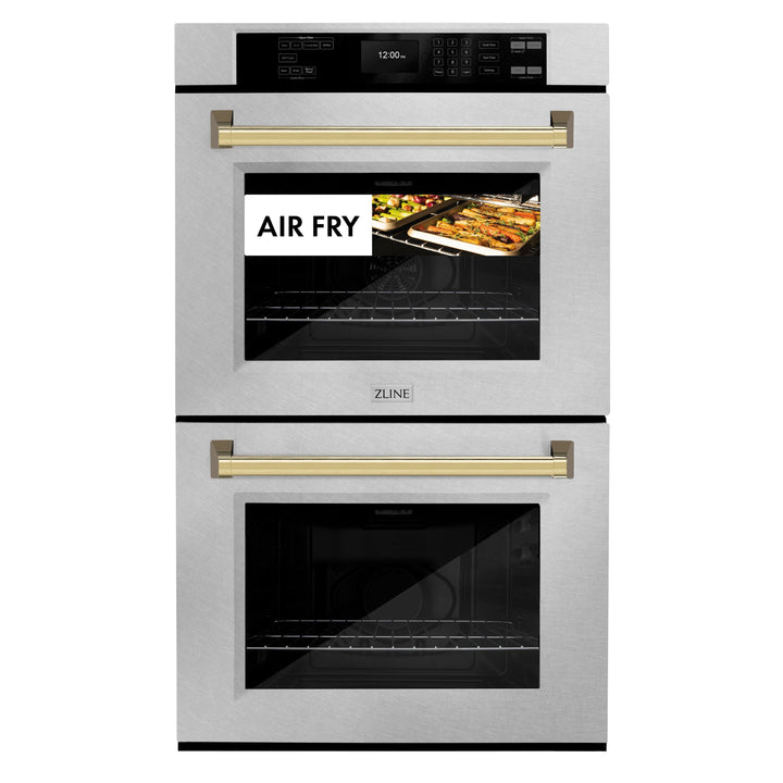 ZLINE 30" Autograph Professional True Convection Double Wall Oven with Air Fry and Self Clean in Satin Stainless Steel with Polished Gold Handles, WADSZ-30-G