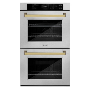 ZLINE 30" Autograph Professional True Convection Double Wall Oven with Air Fry and Self Clean in Satin Stainless Steel with Polished Gold Handles, WADSZ-30-G