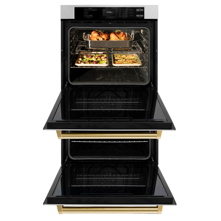 ZLINE 30" Autograph Professional True Convection Double Wall Oven with Air Fry and Self Clean in Satin Stainless Steel with Polished Gold Handles, WADSZ-30-G
