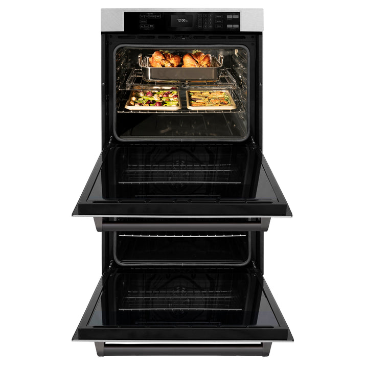ZLINE 30" Autograph Professional True Convection Double Wall Oven with Air Fry and Self Clean in Satin Stainless Steel with Matte Black Handles, WADSZ-30-MB