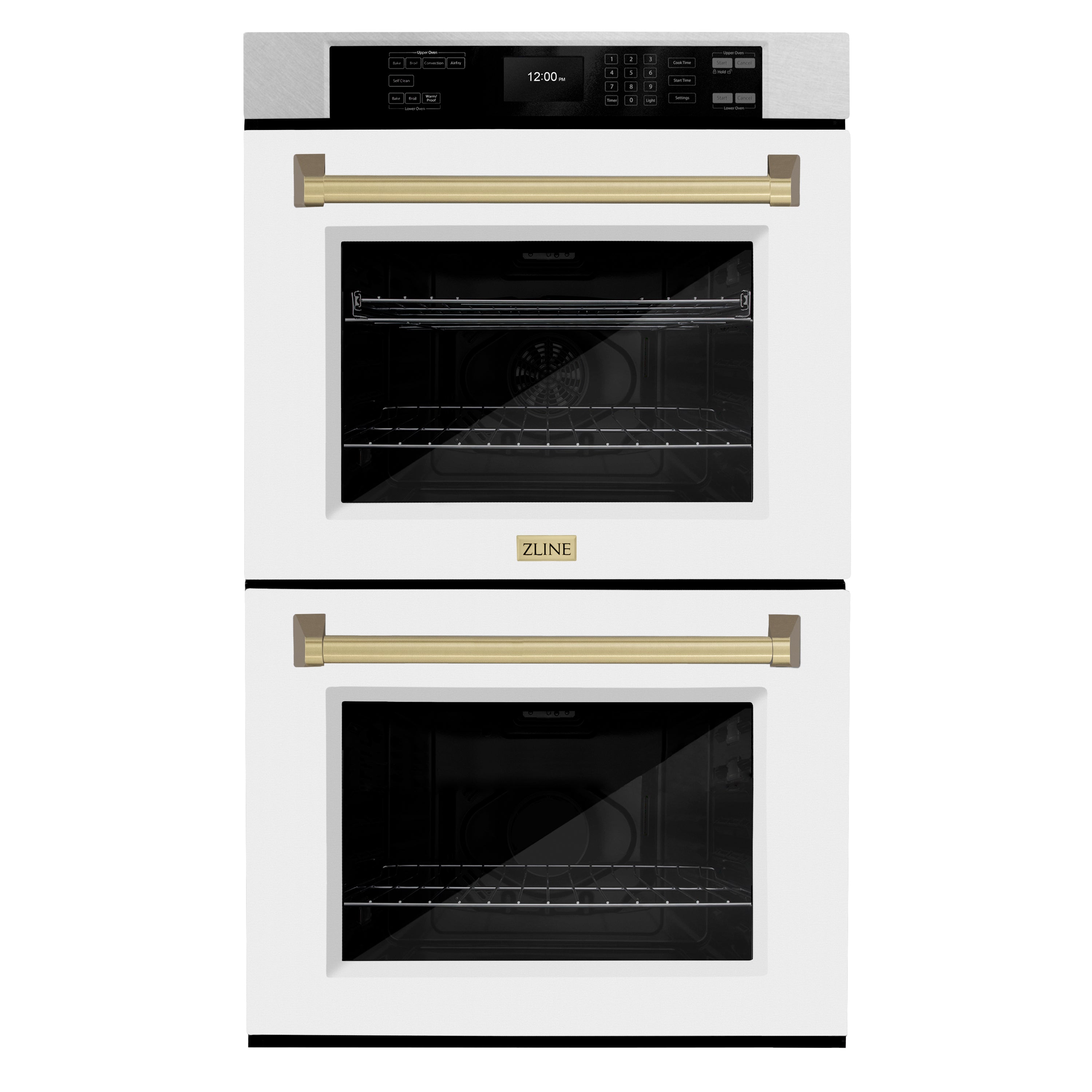 ZLINE 30" Autograph Professional True Convection Double Wall Oven with Air Fry and Self Clean in Satin Stainless Steel with White Matte Doors and Champagne Bronze Handles, WADSZ-WM-30-CB