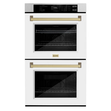 ZLINE 30" Autograph Professional True Convection Double Wall Oven with Air Fry and Self Clean in Satin Stainless Steel with White Matte Doors and Champagne Bronze Handles, WADSZ-WM-30-CB
