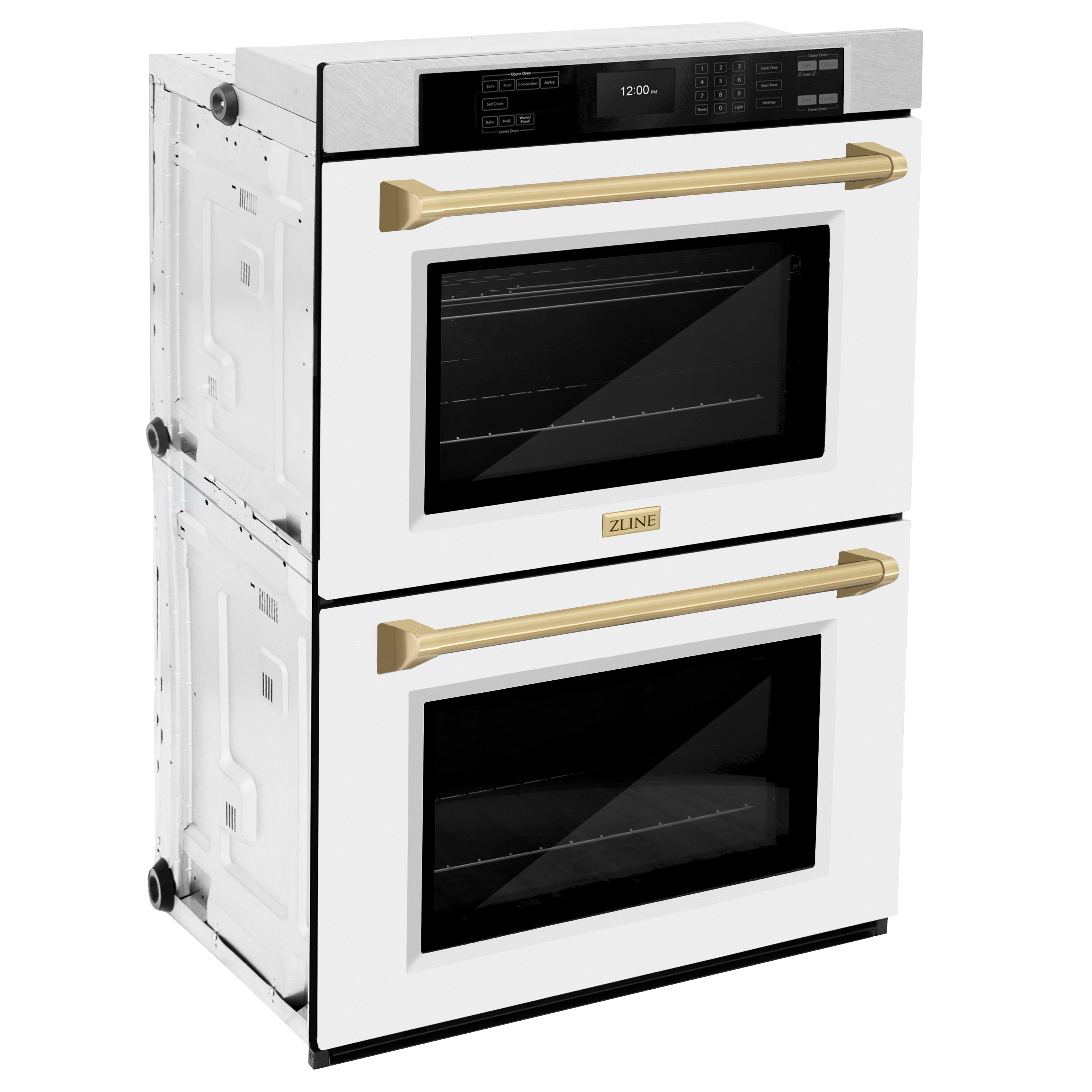 ZLINE 30" Autograph Professional True Convection Double Wall Oven with Air Fry and Self Clean in Satin Stainless Steel with White Matte Doors and Champagne Bronze Handles, WADSZ-WM-30-CB
