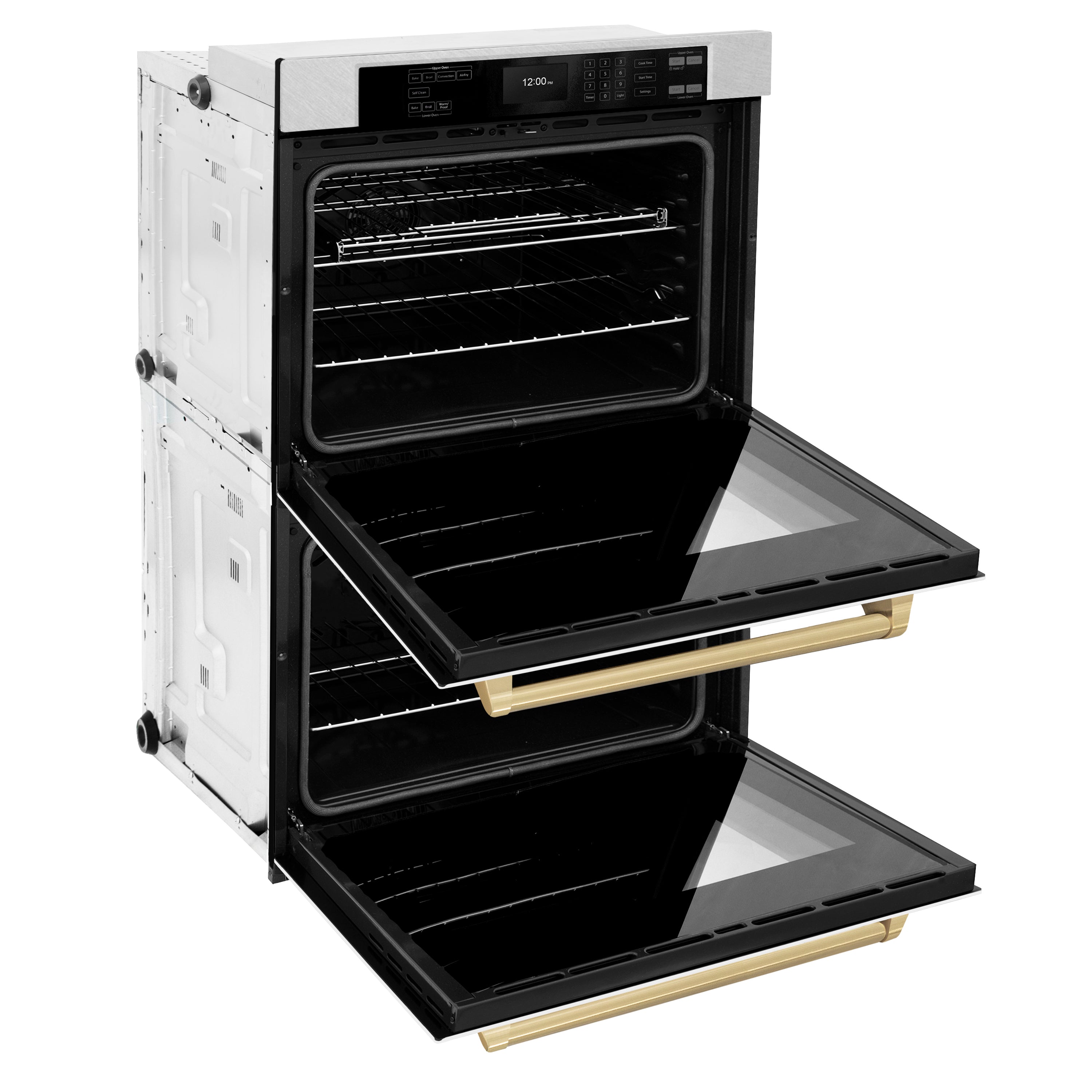 ZLINE 30" Autograph Professional True Convection Double Wall Oven with Air Fry and Self Clean in Satin Stainless Steel with White Matte Doors and Champagne Bronze Handles, WADSZ-WM-30-CB