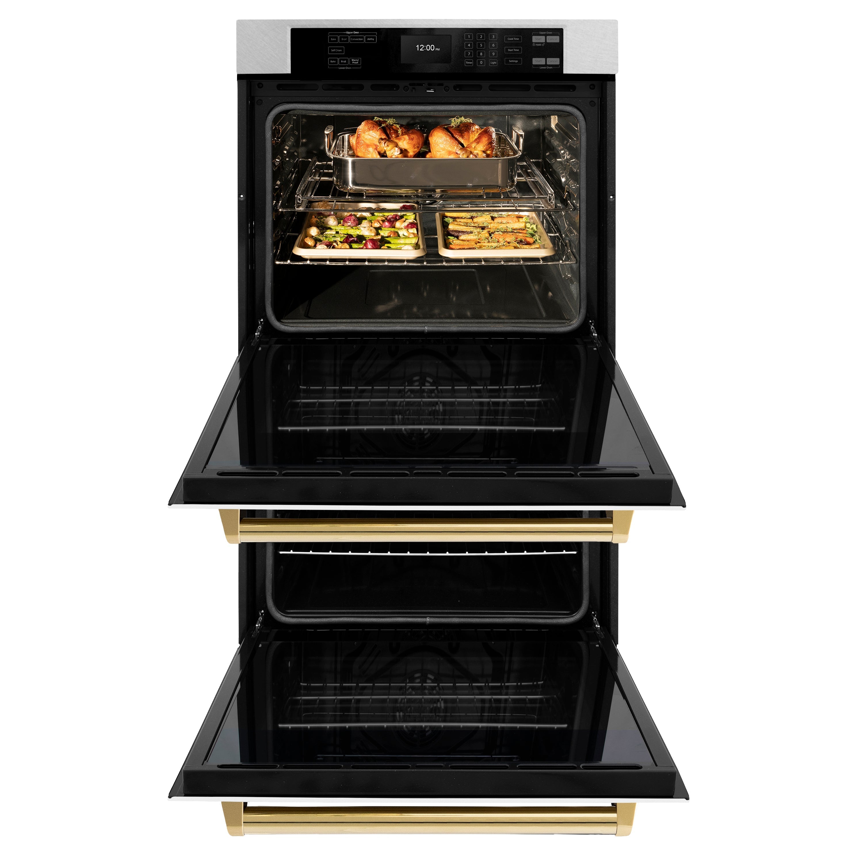 ZLINE 30" Autograph Professional True Convection Double Wall Oven with Air Fry and Self Clean in Satin Stainless Steel with White Matte Doors and Polished Gold Handles, WADSZ-WM-30-G