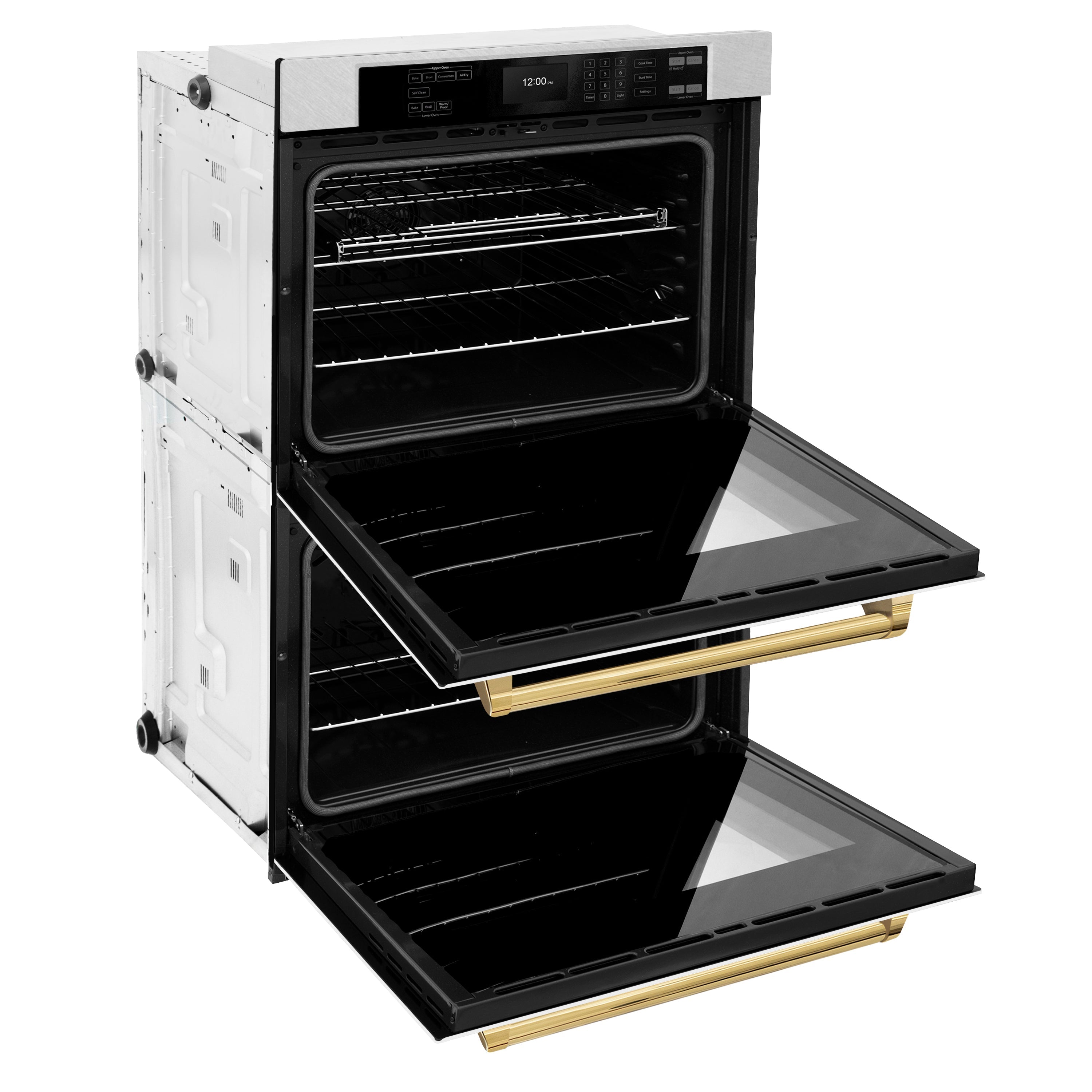 ZLINE 30" Autograph Professional True Convection Double Wall Oven with Air Fry and Self Clean in Satin Stainless Steel with White Matte Doors and Polished Gold Handles, WADSZ-WM-30-G