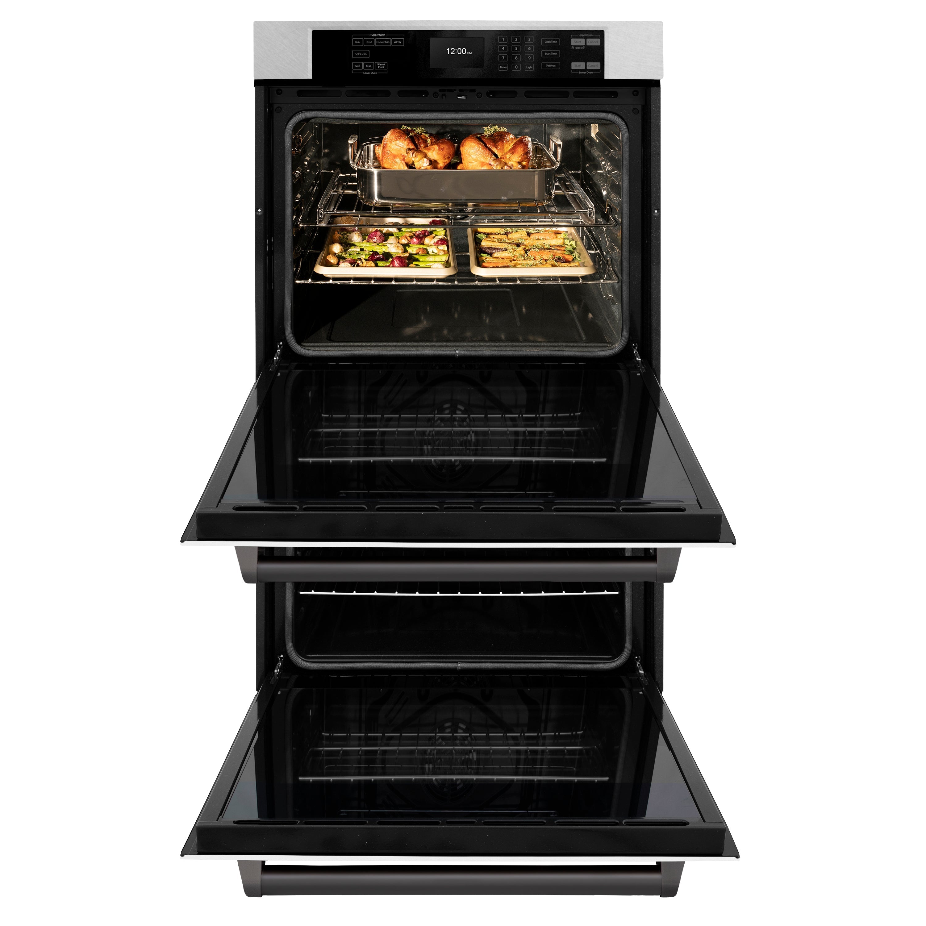 ZLINE 30" Autograph Professional True Convection Double Wall Oven with Air Fry and Self Clean in Satin Stainless Steel with White Matte Doors and Matte Black Handles, WADSZ-WM-30-MB