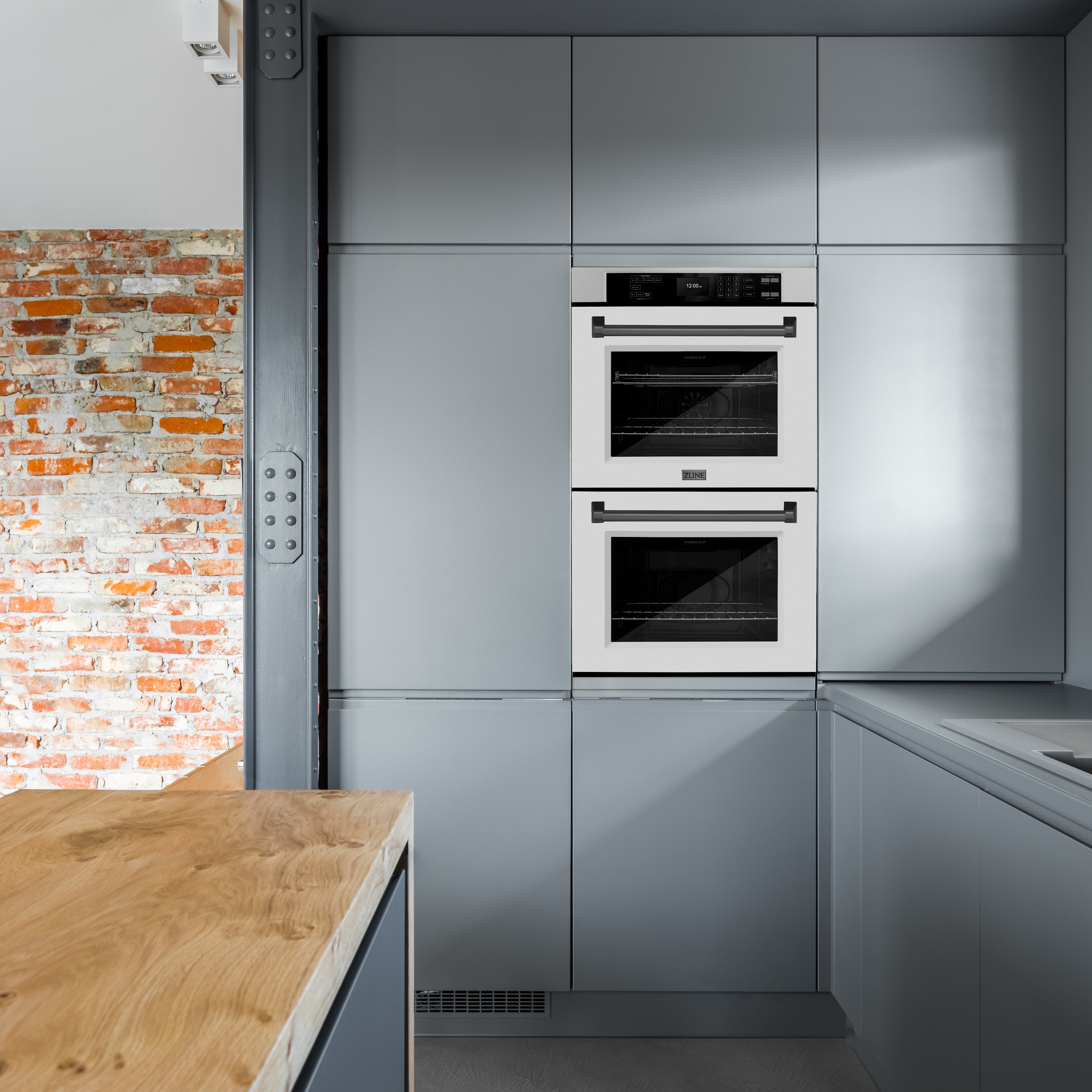 ZLINE 30" Autograph Professional True Convection Double Wall Oven with Air Fry and Self Clean in Satin Stainless Steel with White Matte Doors and Matte Black Handles, WADSZ-WM-30-MB