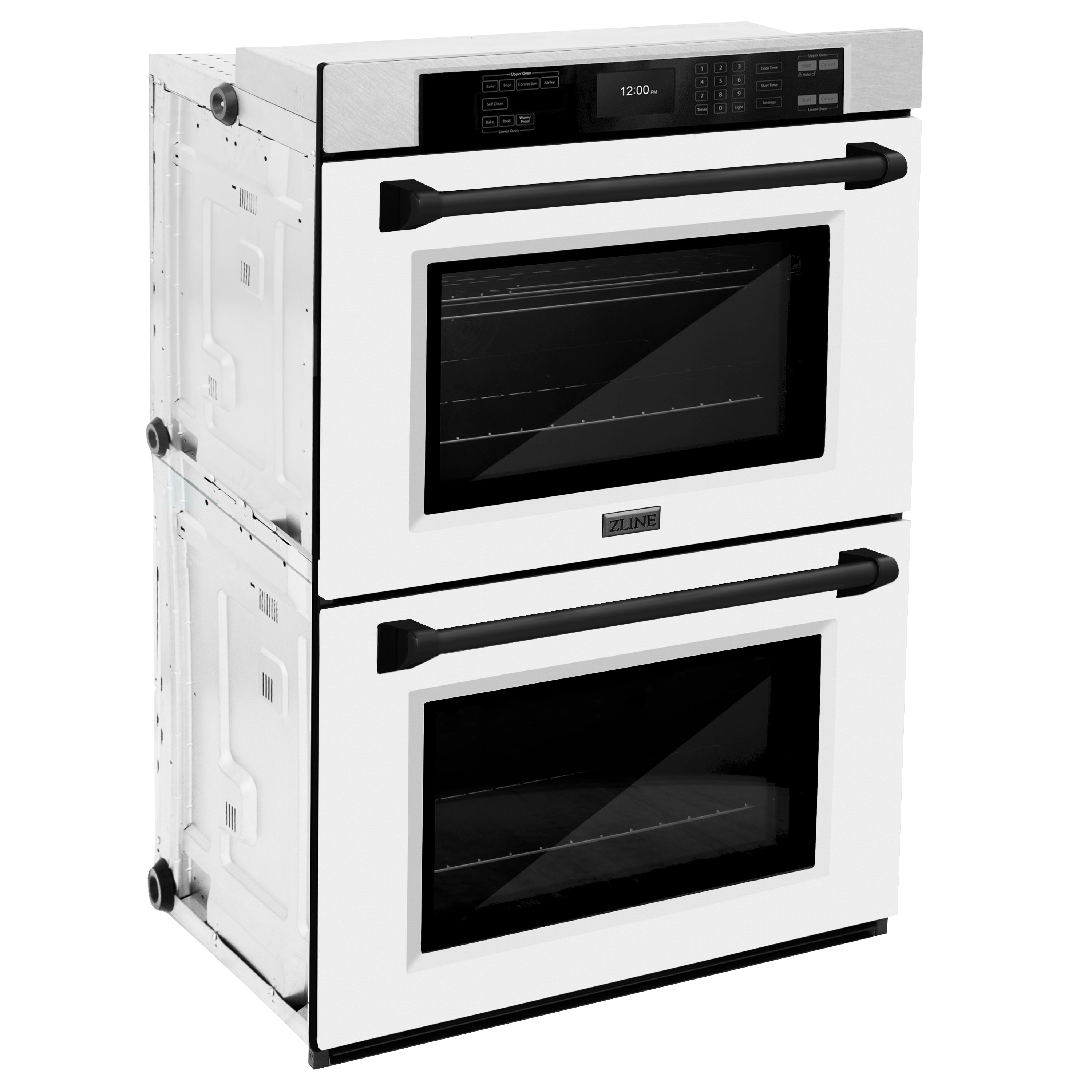 ZLINE 30" Autograph Professional True Convection Double Wall Oven with Air Fry and Self Clean in Satin Stainless Steel with White Matte Doors and Matte Black Handles, WADSZ-WM-30-MB
