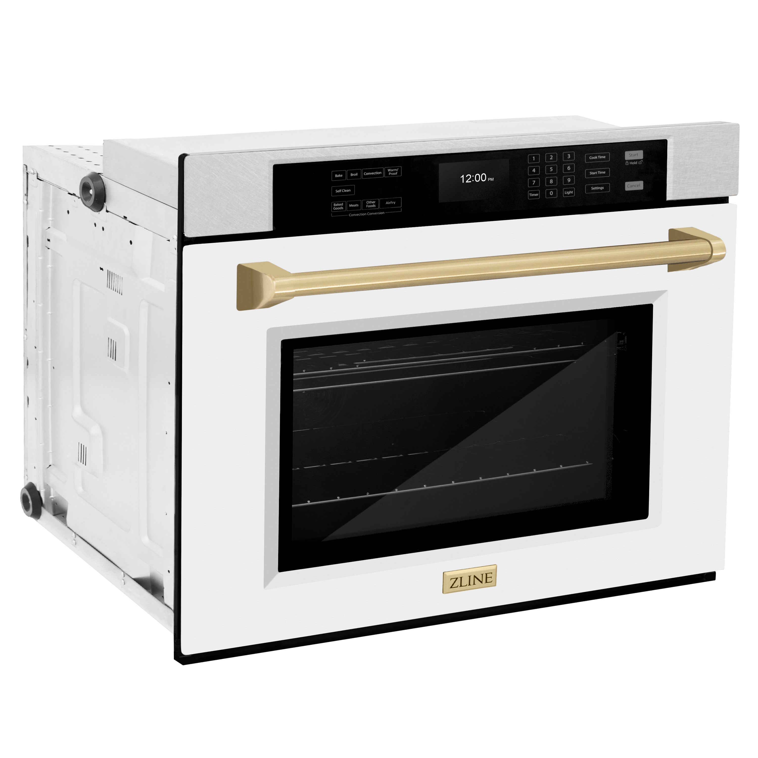 ZLINE 30" Autograph Professional True Convection Single Wall Oven with Air Fry and Self Clean in Satin Stainless Steel with White Matte Door and Champagne Bronze Handle, WASSZ-WM-30-CB
