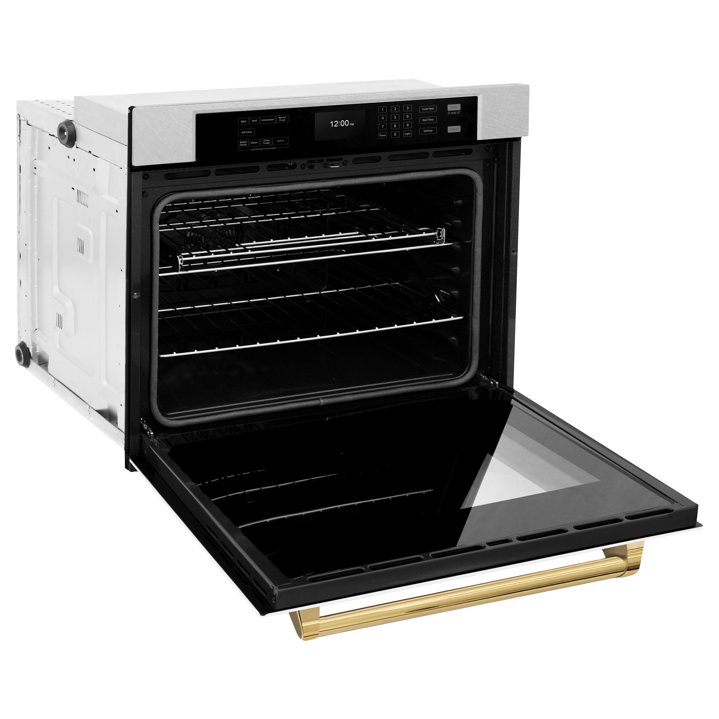 ZLINE 30" Autograph Professional True Convection Single Wall Oven with Air Fry and Self Clean in Satin Stainless Steel with White Matte Door and Polished Gold Handle, WASSZ-WM-30-G