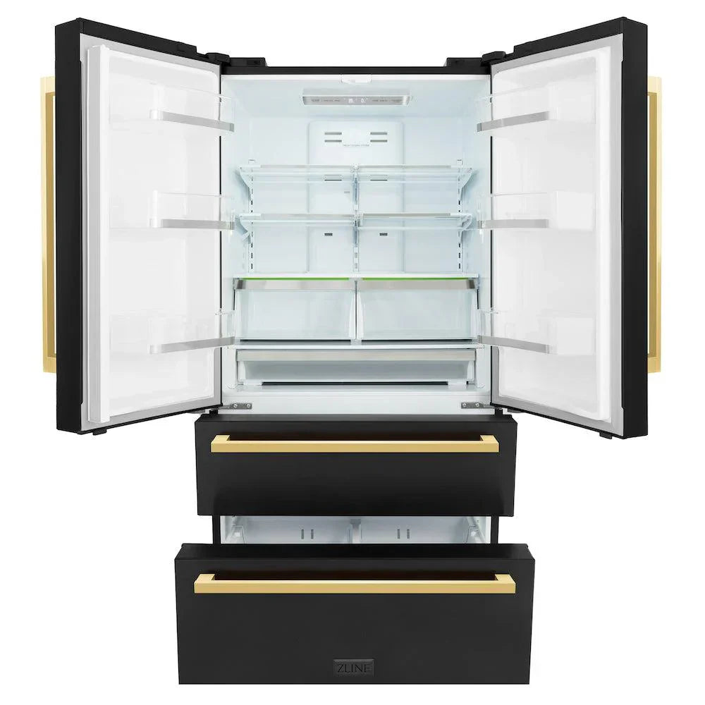 ZLINE 36" French Door Refrigerator 22.5 cu. ft. Black Stainless Steel Ice Maker Gold Square Handles (RFMZ-36-BS-FG)