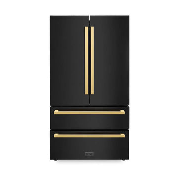 ZLINE 36" French Door Refrigerator 22.5 cu. ft. Black Stainless Steel Ice Maker Gold Square Handles (RFMZ-36-BS-FG)