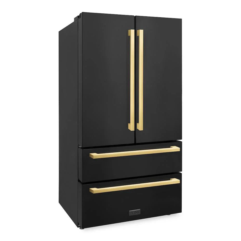 ZLINE 36" French Door Refrigerator 22.5 cu. ft. Black Stainless Steel Ice Maker Gold Square Handles (RFMZ-36-BS-FG)