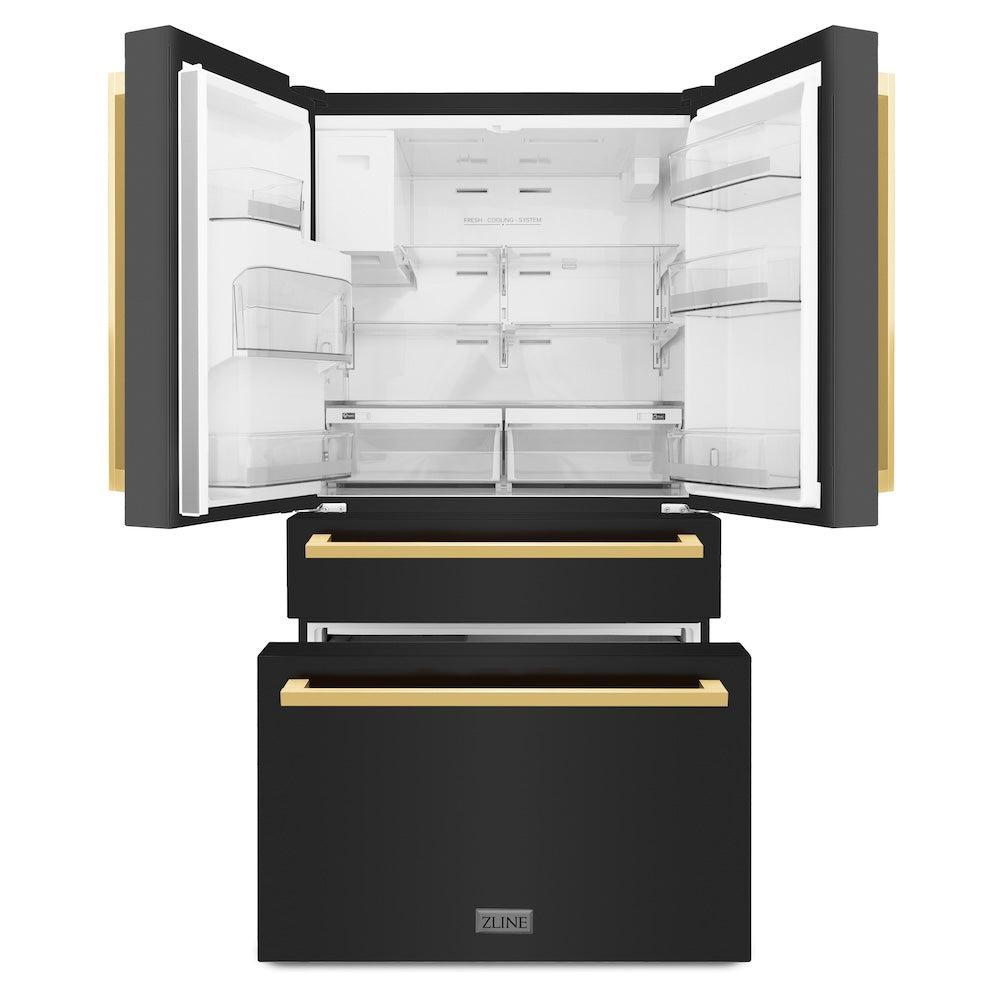 ZLINE 36-Inch French Door Refrigerator with Water & Ice Dispenser, Black Stainless Steel, Gold Square Handles (RFMZ-W-36-BS-FG)