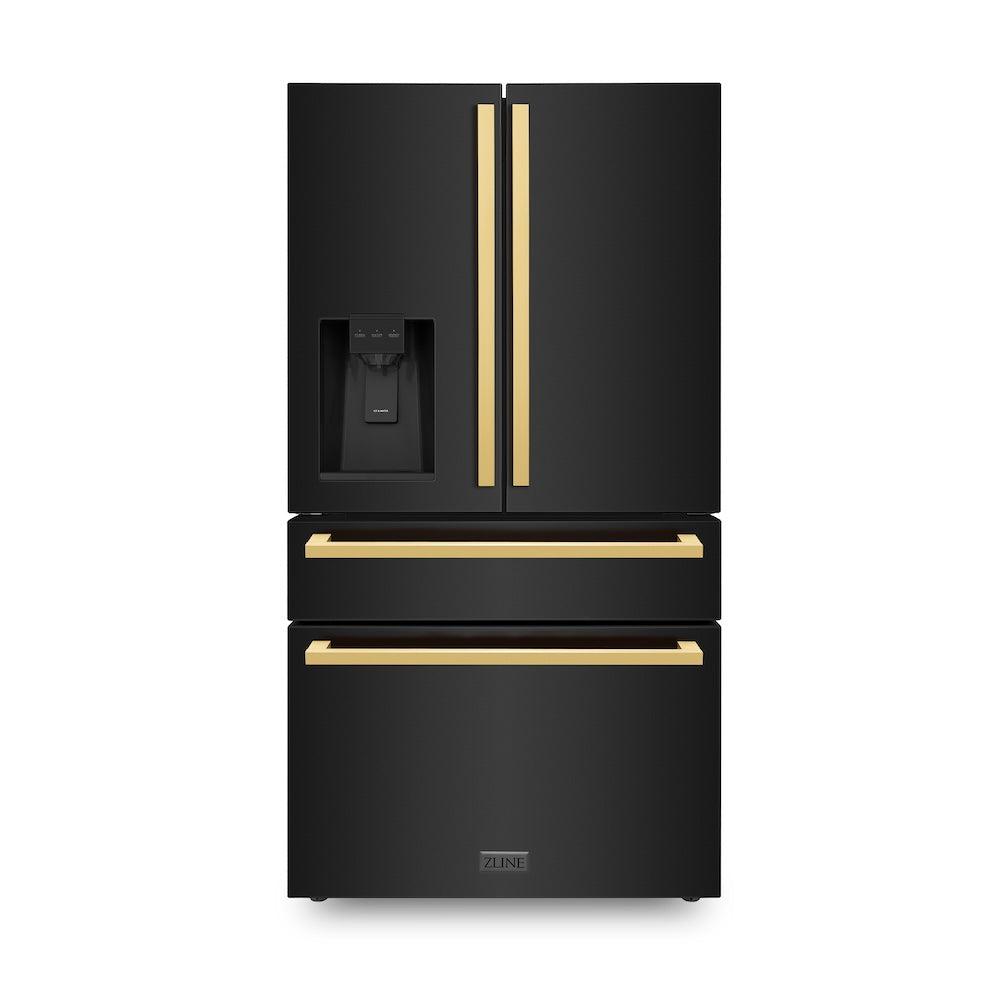 ZLINE 36-Inch French Door Refrigerator with Water & Ice Dispenser, Black Stainless Steel, Gold Square Handles (RFMZ-W-36-BS-FG)