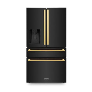 ZLINE 36-Inch French Door Refrigerator with Water & Ice Dispenser, Black Stainless Steel, Gold Square Handles (RFMZ-W-36-BS-FG)
