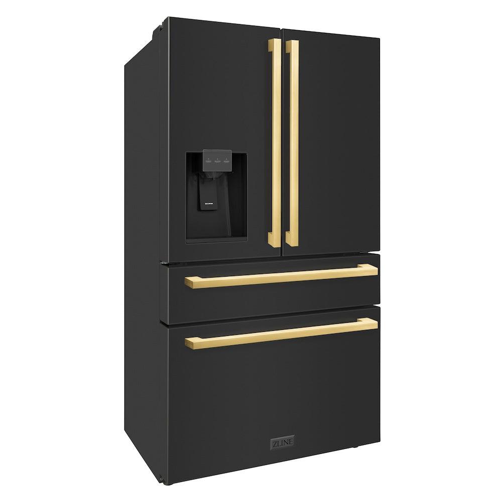 ZLINE 36-Inch French Door Refrigerator with Water & Ice Dispenser, Black Stainless Steel, Gold Square Handles (RFMZ-W-36-BS-FG)