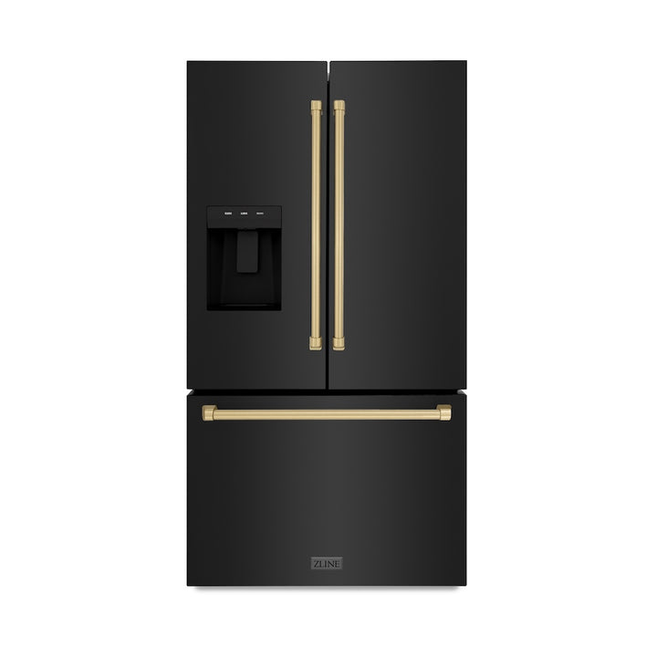 ZLINE 36" French Door Refrigerator 28.9 cu. ft. Standard-Depth Water Dispenser Dual Ice Maker Black Champagne Bronze Handles (RSMZ-W-36-BS-CB)