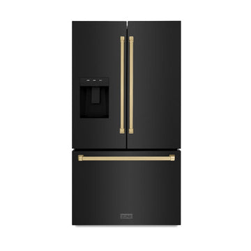 ZLINE 36" French Door Refrigerator 28.9 cu. ft. Standard-Depth Water Dispenser Dual Ice Maker Black Champagne Bronze Handles (RSMZ-W-36-BS-CB)