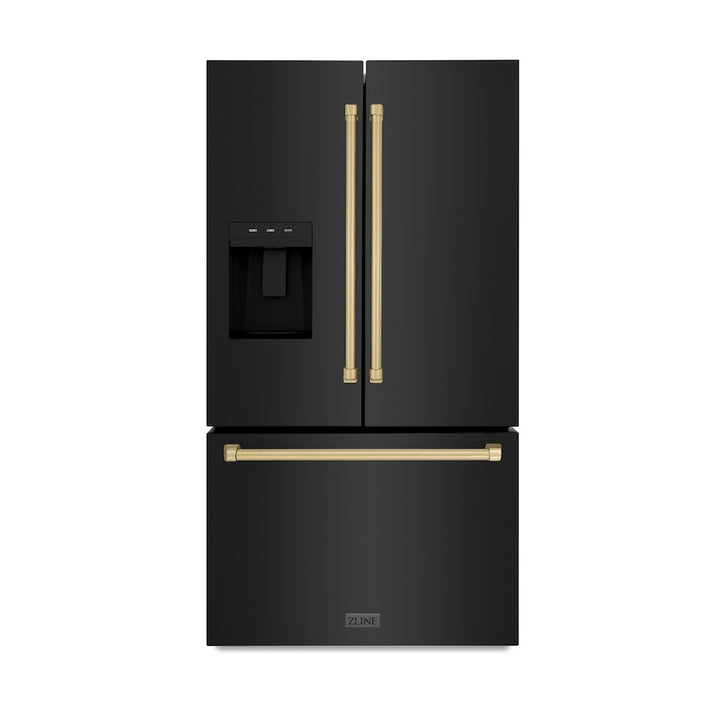 ZLINE 36" French Door Refrigerator 28.9 cu. ft. Standard-Depth Water Dispenser Dual Ice Maker Black Champagne Bronze Handles (RSMZ-W-36-BS-CB)