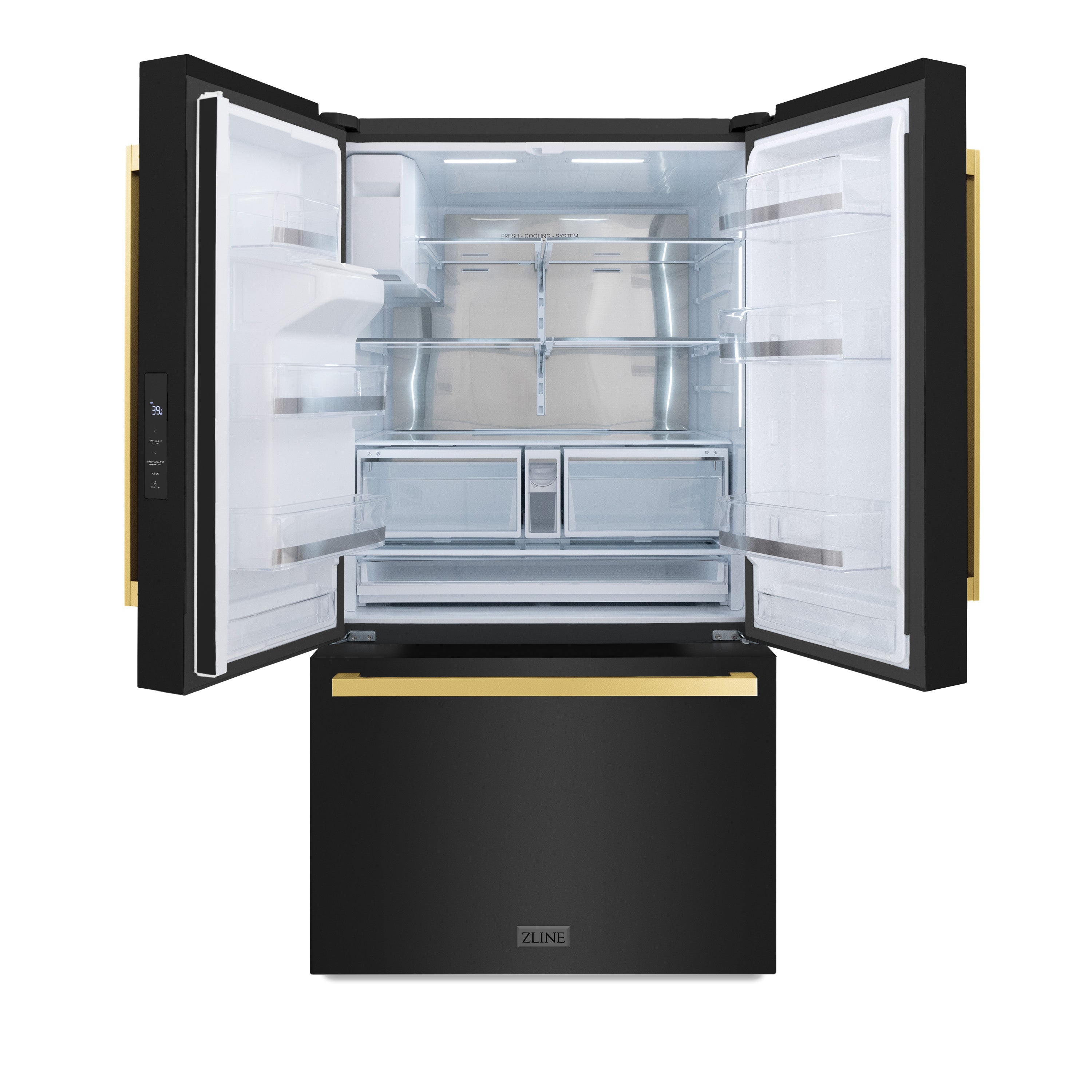 ZLINE 36 in. French Door Refrigerator 28.9 cu. ft. Standard Depth Water Dispenser Dual Ice Maker Black Gold Square Handles (RSMZ-W-36-BS-FG)