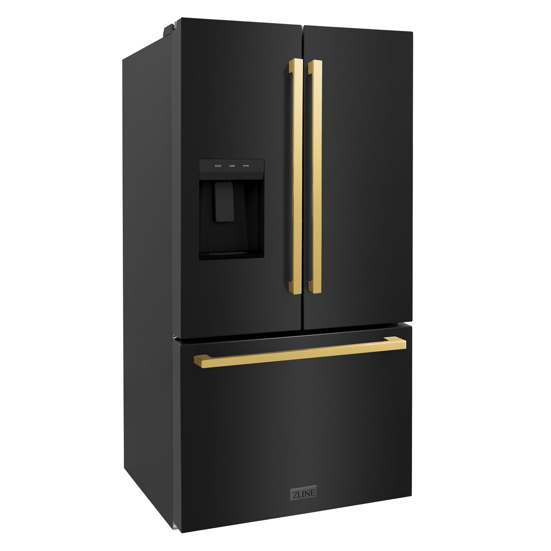 ZLINE 36 in. French Door Refrigerator 28.9 cu. ft. Standard Depth Water Dispenser Dual Ice Maker Black Gold Square Handles (RSMZ-W-36-BS-FG)