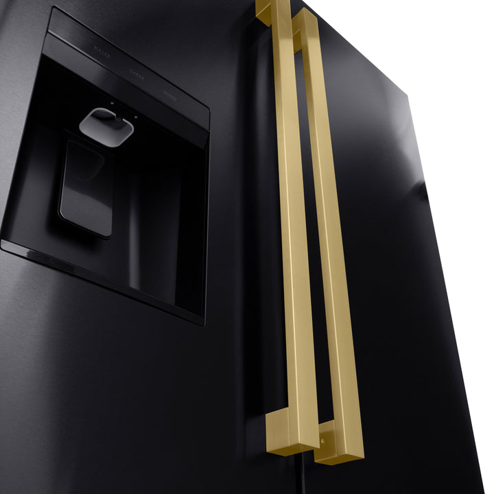 ZLINE 36 Inch Freestanding Refrigerator 28.9 Cu. Ft. Standard Depth Dual Ice Maker Water Dispenser Black Champagne Bronze Square Handles (RSMZ-W36-BS-FCB)