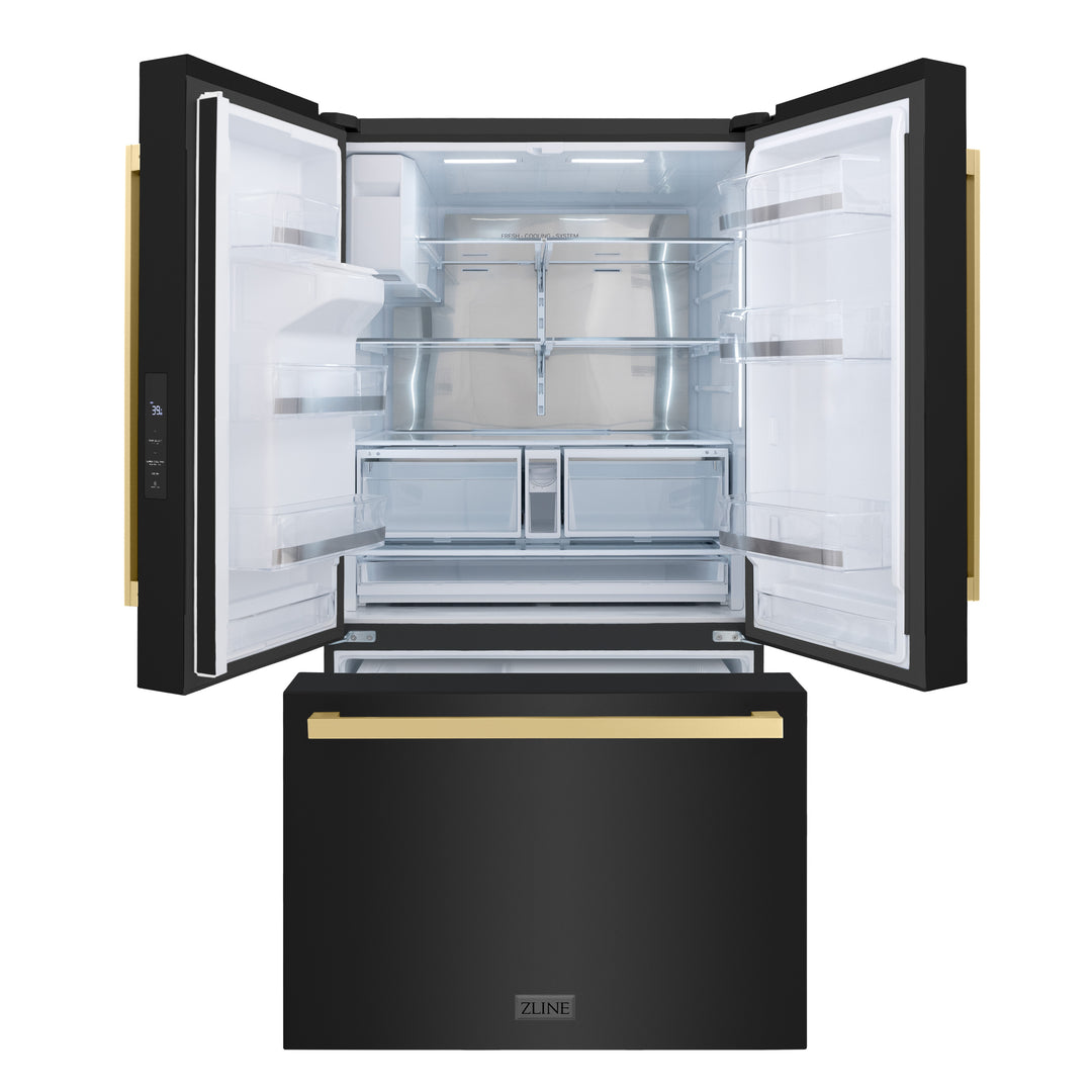 ZLINE 36 Inch Freestanding Refrigerator 28.9 Cu. Ft. Standard Depth Dual Ice Maker Water Dispenser Black Champagne Bronze Square Handles (RSMZ-W36-BS-FCB)