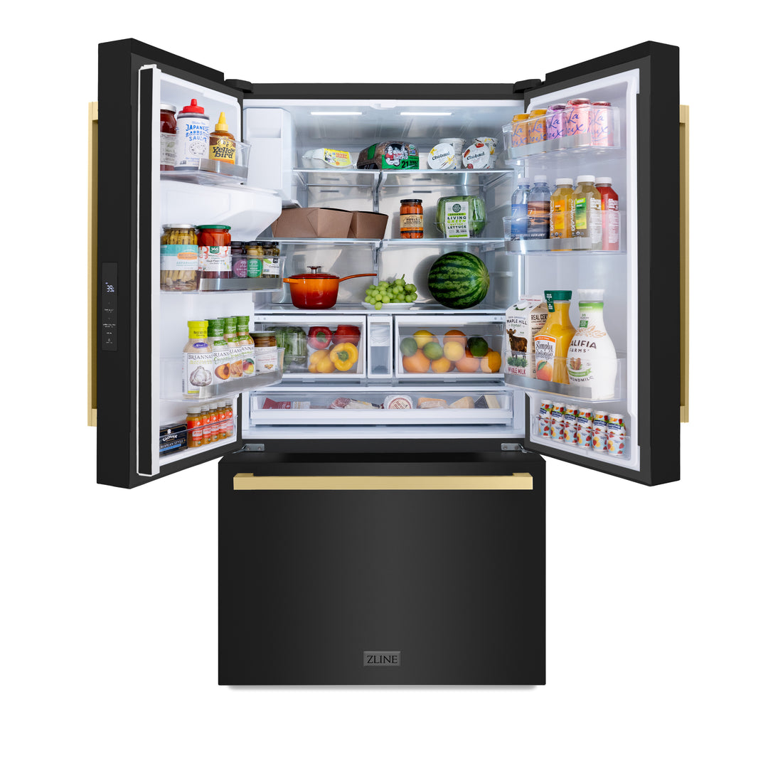 ZLINE 36 Inch Freestanding Refrigerator 28.9 Cu. Ft. Standard Depth Dual Ice Maker Water Dispenser Black Champagne Bronze Square Handles (RSMZ-W36-BS-FCB)