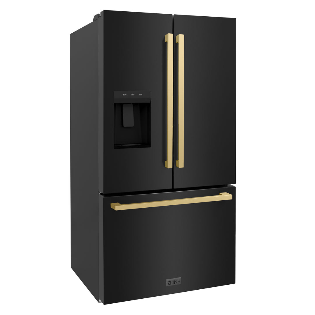 ZLINE 36 Inch Freestanding Refrigerator 28.9 Cu. Ft. Standard Depth Dual Ice Maker Water Dispenser Black Champagne Bronze Square Handles (RSMZ-W36-BS-FCB)