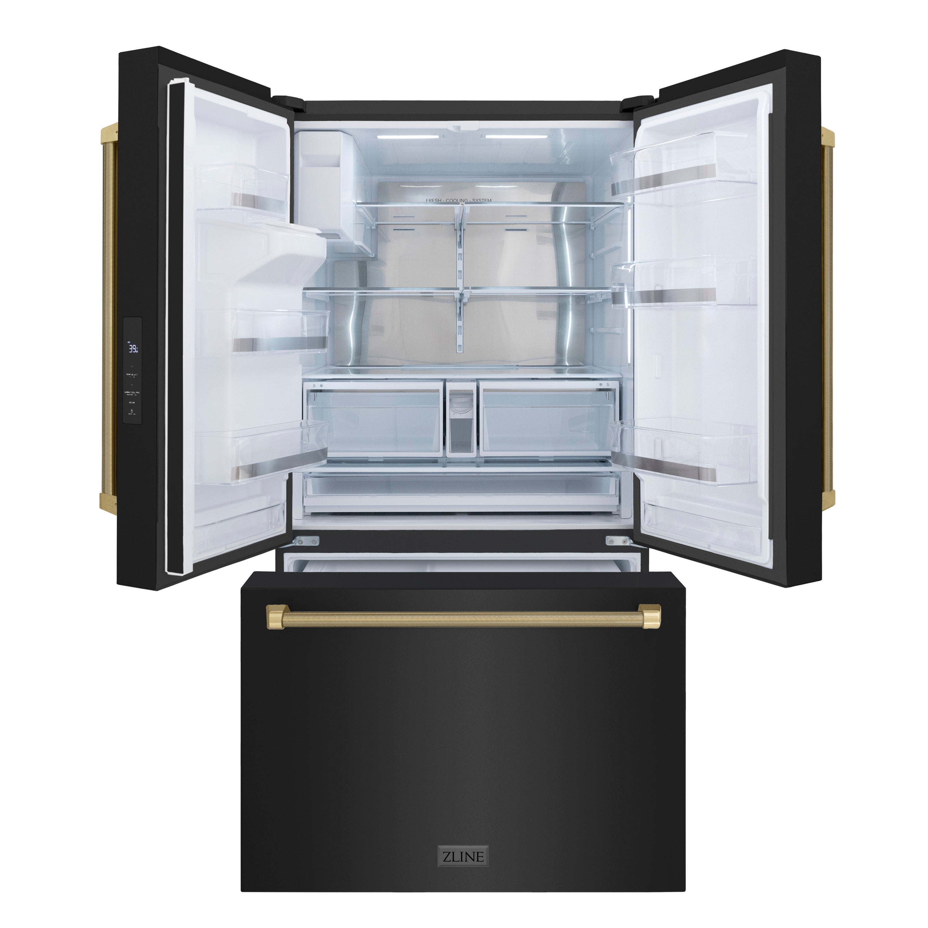 ZLINE 36 in. French Door Refrigerator, 28.9 Cu. Ft., Standard Depth, External Water Dispenser, Dual Ice Maker, Black Stainless Steel, Champagne Bronze Handles (RSMZ-W36-BS-KCB)