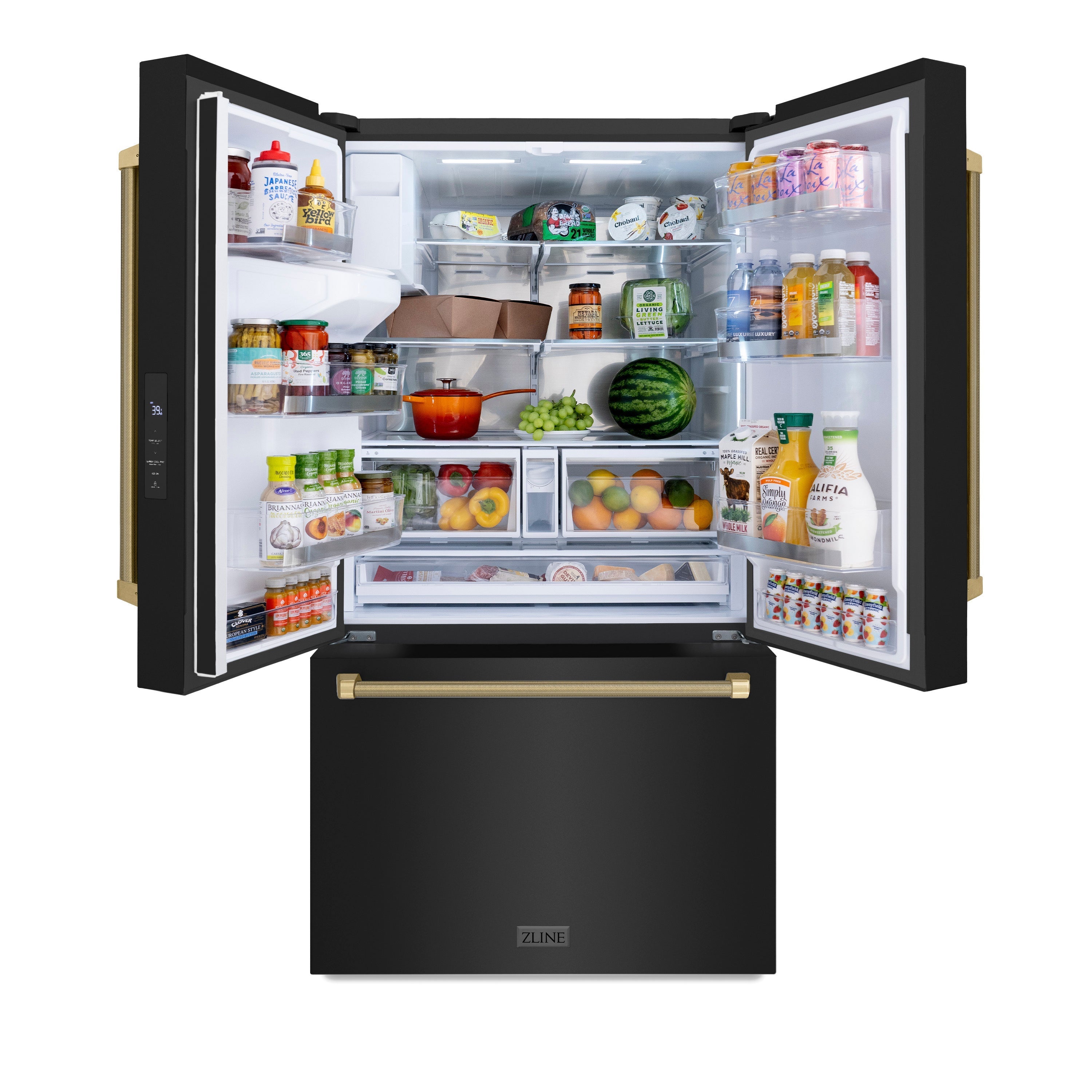ZLINE 36 in. French Door Refrigerator, 28.9 Cu. Ft., Standard Depth, External Water Dispenser, Dual Ice Maker, Black Stainless Steel, Champagne Bronze Handles (RSMZ-W36-BS-KCB)
