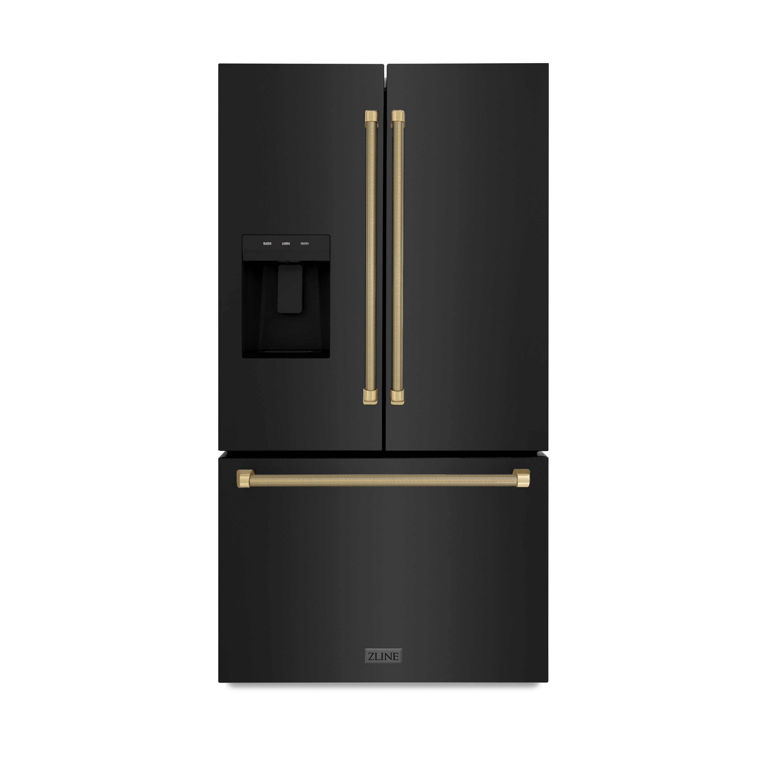 ZLINE 36 in. French Door Refrigerator, 28.9 Cu. Ft., Standard Depth, External Water Dispenser, Dual Ice Maker, Black Stainless Steel, Champagne Bronze Handles (RSMZ-W36-BS-KCB)
