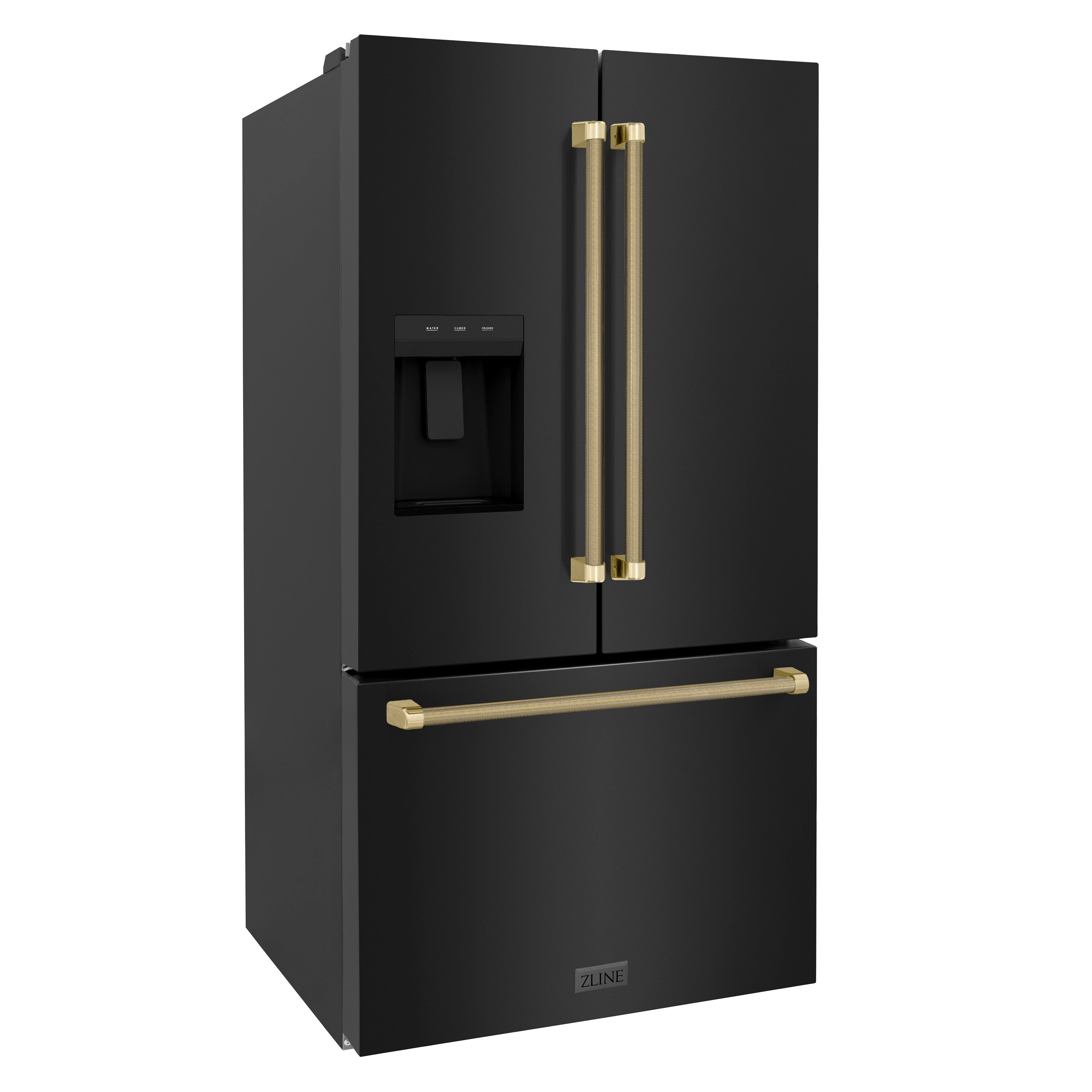 ZLINE 36 in. French Door Refrigerator, 28.9 Cu. Ft., Standard Depth, External Water Dispenser, Dual Ice Maker, Black Stainless Steel, Champagne Bronze Handles (RSMZ-W36-BS-KCB)