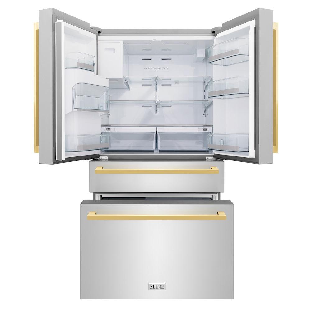 ZLINE 36 in. French Door Refrigerator with Water & Ice Dispenser, Gold Square Handles (RFMZ-W-36-FG)