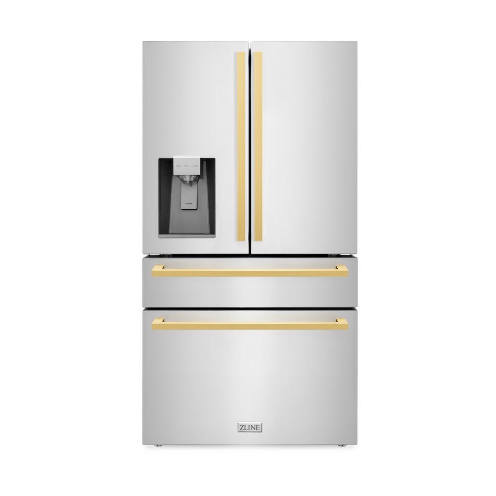 ZLINE 36 in. French Door Refrigerator with Water & Ice Dispenser, Gold Square Handles (RFMZ-W-36-FG)