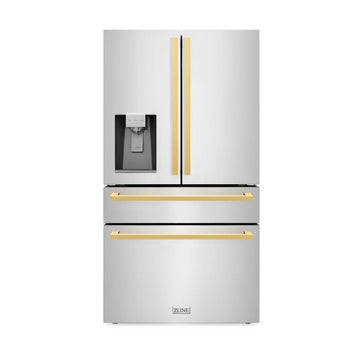 ZLINE 36 in. French Door Refrigerator with Water & Ice Dispenser, Gold Square Handles (RFMZ-W-36-FG)