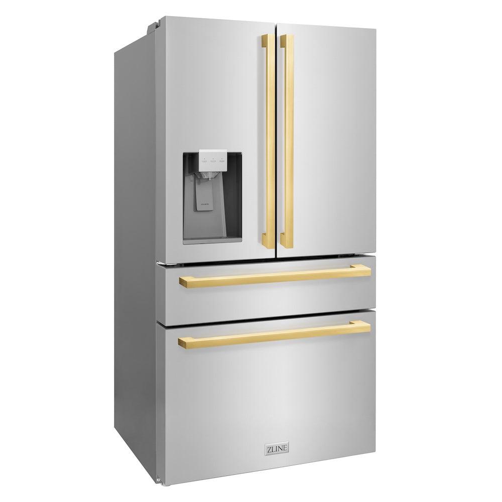 ZLINE 36 in. French Door Refrigerator with Water & Ice Dispenser, Gold Square Handles (RFMZ-W-36-FG)