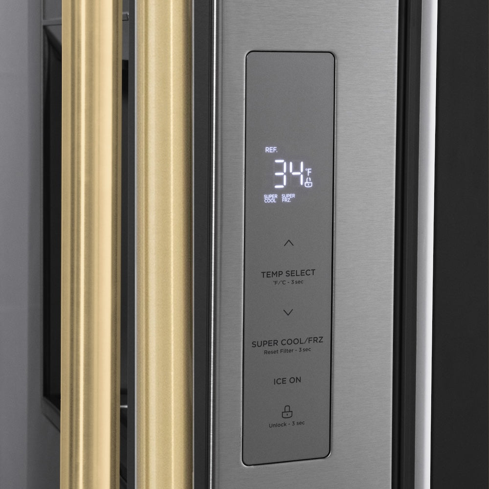 ZLINE 36 in. French Door Refrigerator 28.9 cu. ft. Standard Depth with Water Dispenser Dual Ice Maker Stainless Steel Champagne Bronze Handles (RSMZ-W-36-CB)