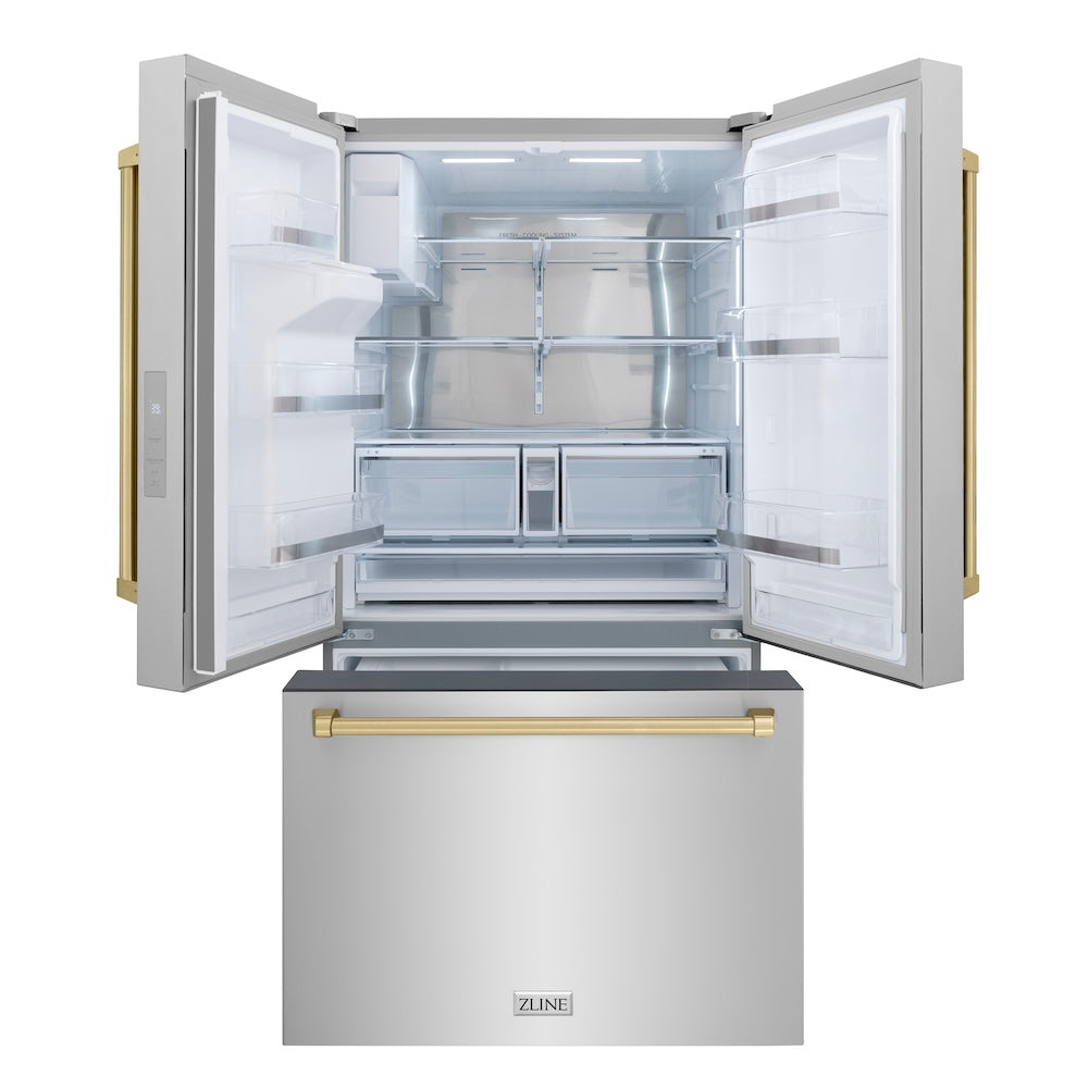ZLINE 36 in. French Door Refrigerator 28.9 cu. ft. Standard Depth with Water Dispenser Dual Ice Maker Stainless Steel Champagne Bronze Handles (RSMZ-W-36-CB)