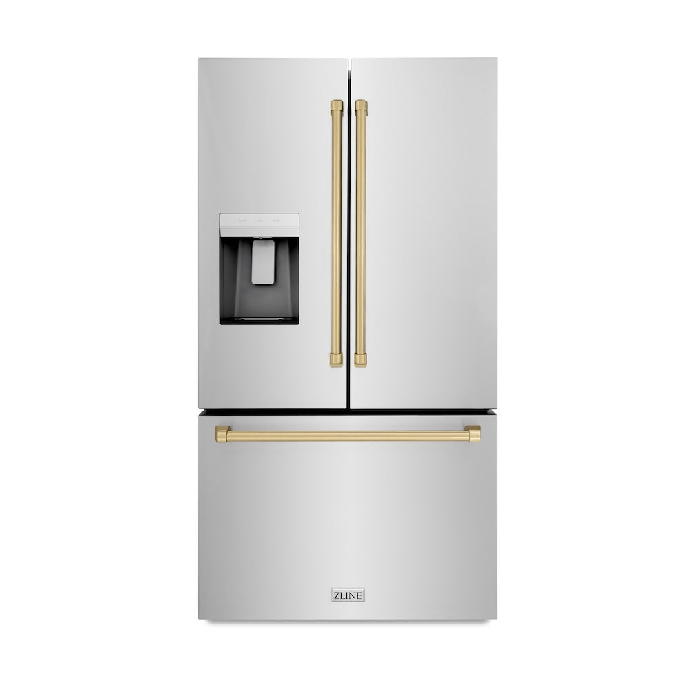 ZLINE 36 in. French Door Refrigerator 28.9 cu. ft. Standard Depth with Water Dispenser Dual Ice Maker Stainless Steel Champagne Bronze Handles (RSMZ-W-36-CB)