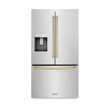 ZLINE 36 in. French Door Refrigerator 28.9 cu. ft. Standard Depth with Water Dispenser Dual Ice Maker Stainless Steel Champagne Bronze Handles (RSMZ-W-36-CB)