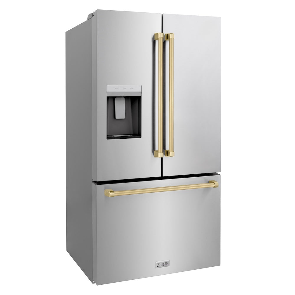 ZLINE 36 in. French Door Refrigerator 28.9 cu. ft. Standard Depth with Water Dispenser Dual Ice Maker Stainless Steel Champagne Bronze Handles (RSMZ-W-36-CB)