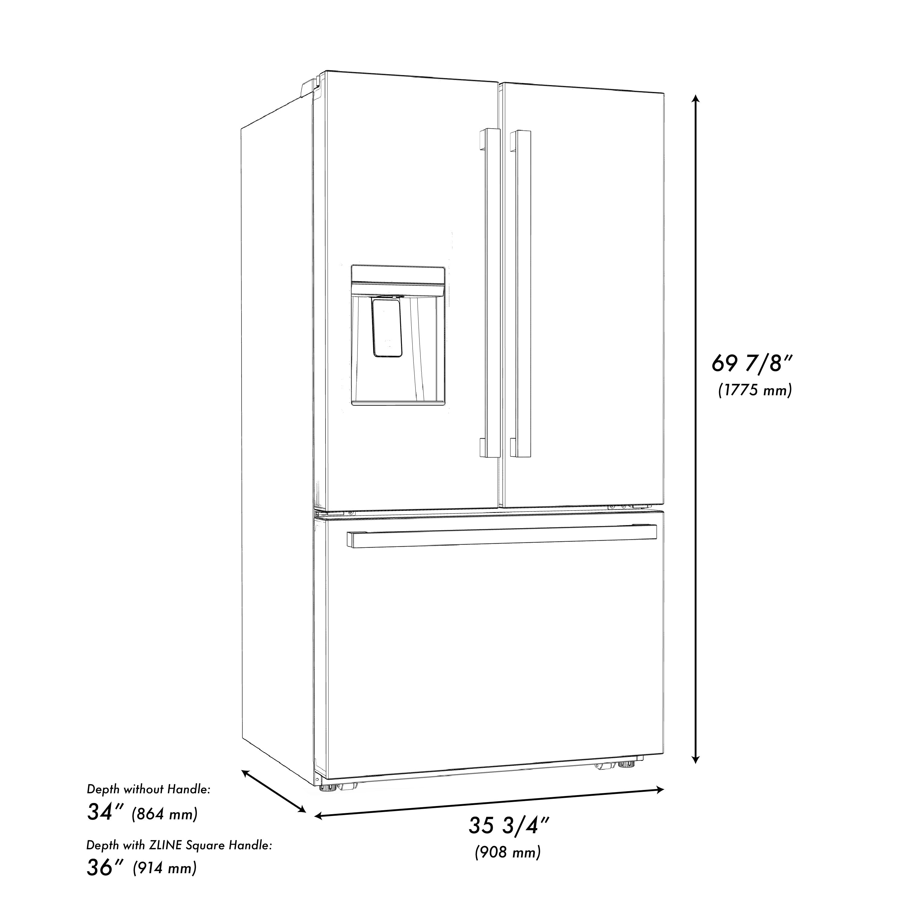 ZLINE 36 in. French Door Refrigerator 28.9 cu. ft. Standard-Depth, Water Dispenser, Dual Ice Maker, Stainless Steel, Bronze Handles (RSMZ-W-36-FCB)