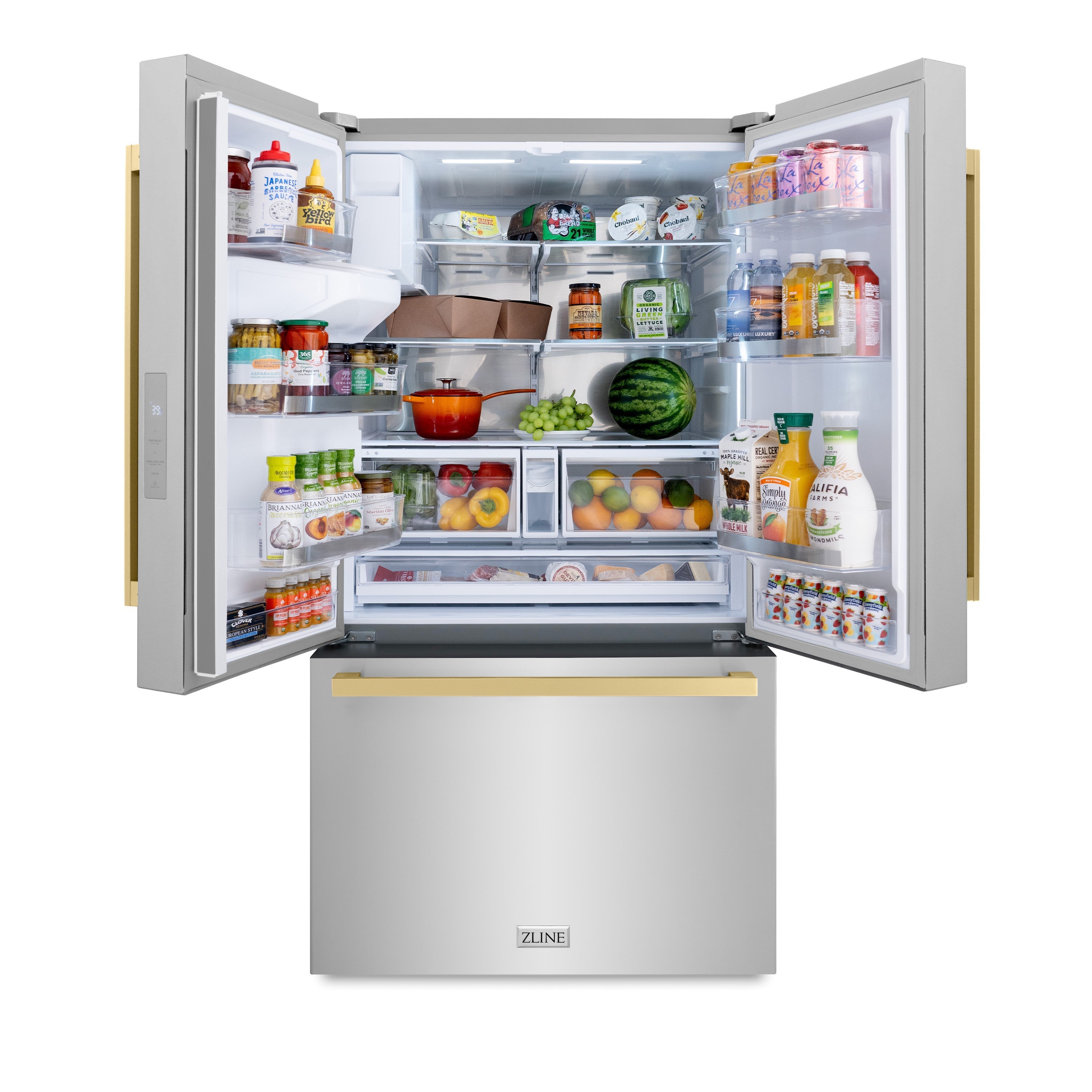 ZLINE 36 in. French Door Refrigerator 28.9 cu. ft. Standard-Depth, Water Dispenser, Dual Ice Maker, Stainless Steel, Bronze Handles (RSMZ-W-36-FCB)