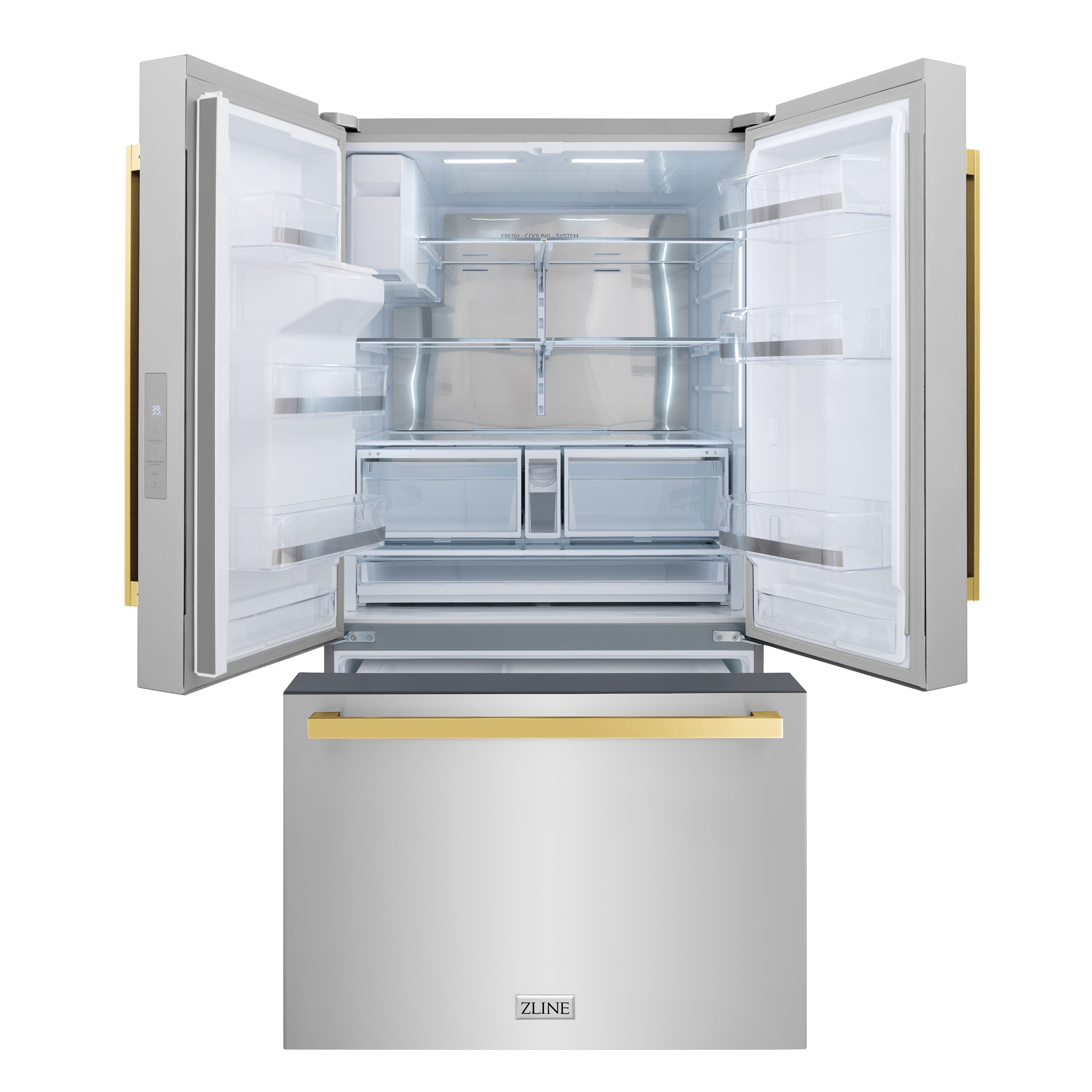 ZLINE 36 in French Door Refrigerator 28.9 cu. ft. Standard Depth Water Dispenser Dual Ice Maker Stainless Steel Gold Square Handles (RSMZ-W-36-FG)